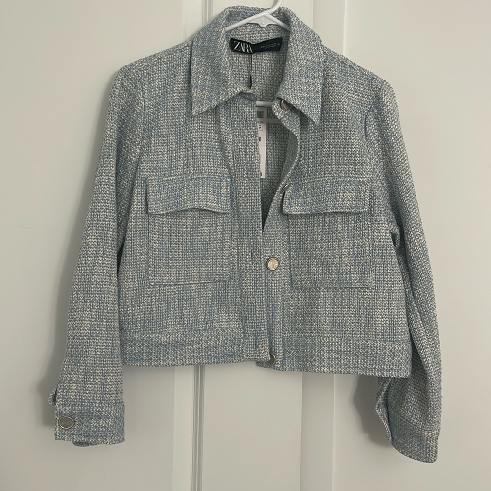zara tweed cropped blue jacket small